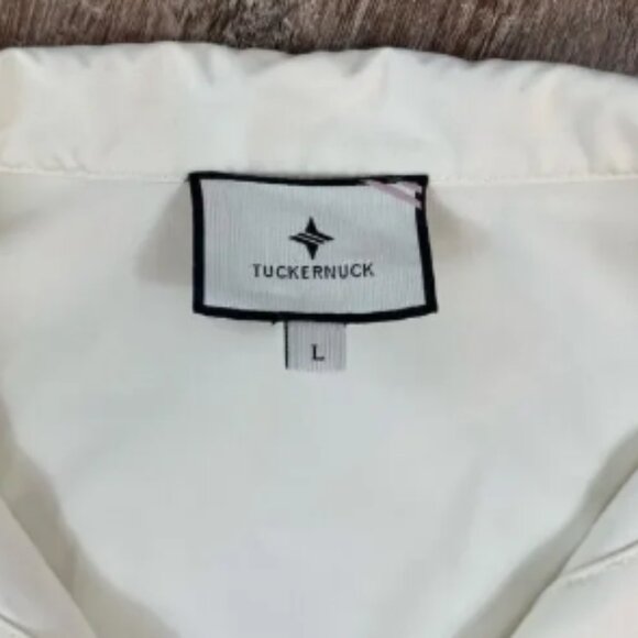 Tuckernuck beige Poplin Thick Blouse Faux Pearl Bar Sleeves and Collar - Picture 6 of 7